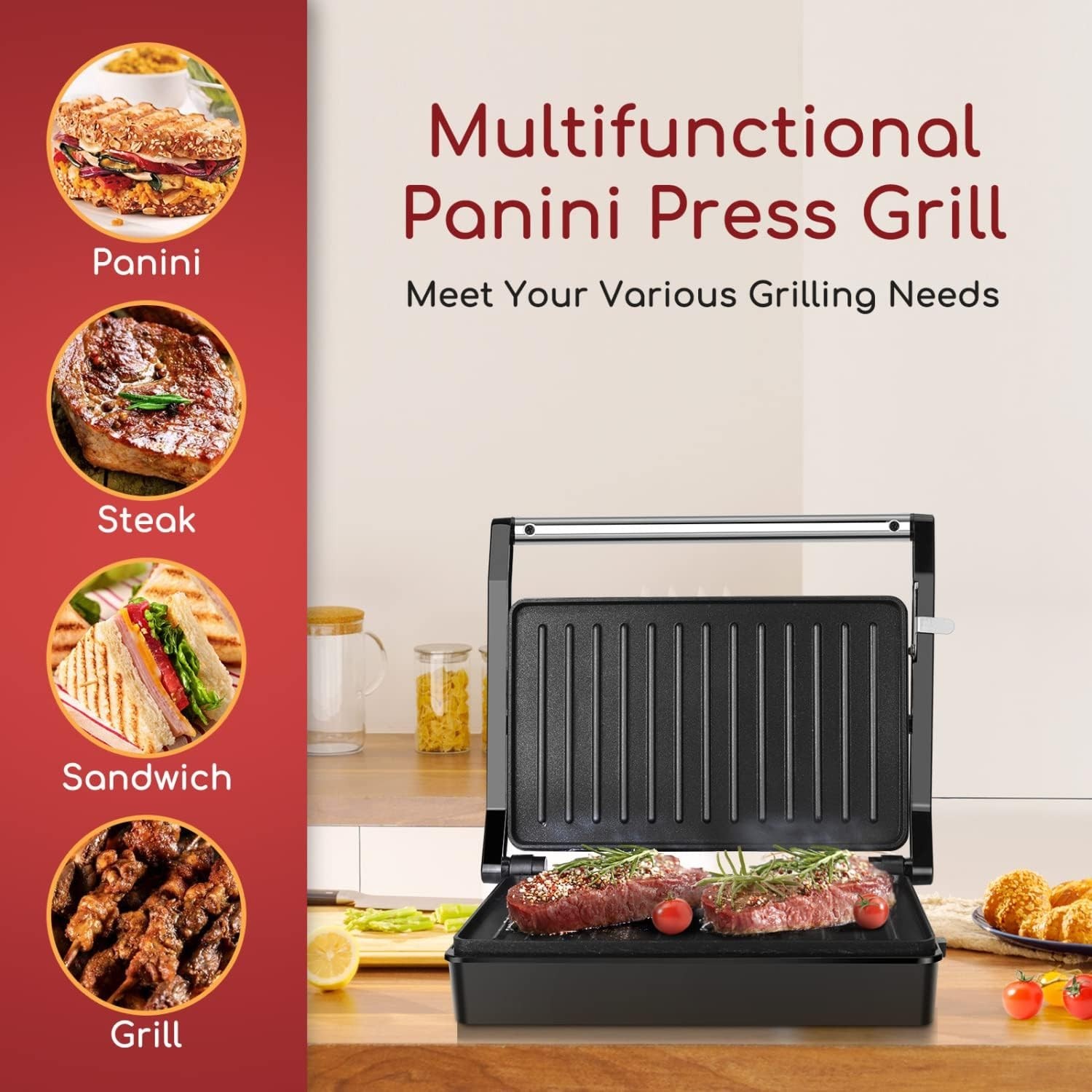 Panini Press Sandwich Maker, 1000W Sandwich Press Grill with Non-Stick Coated