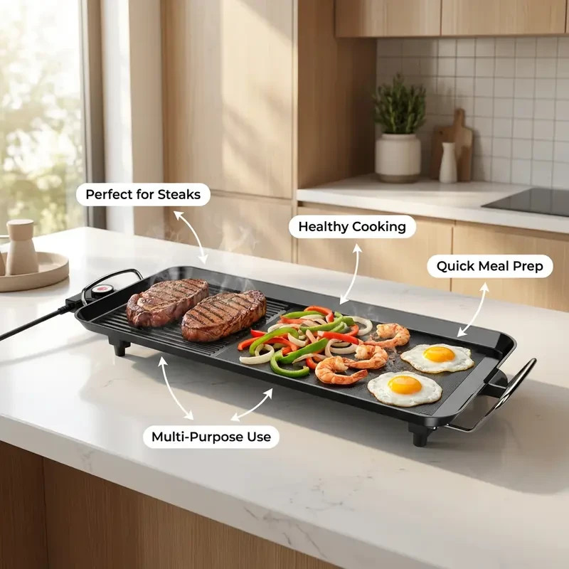 AORAN Indoor Smokeless Electric Teppanyaki Grill – Nonstick Tabletop Griddle – N