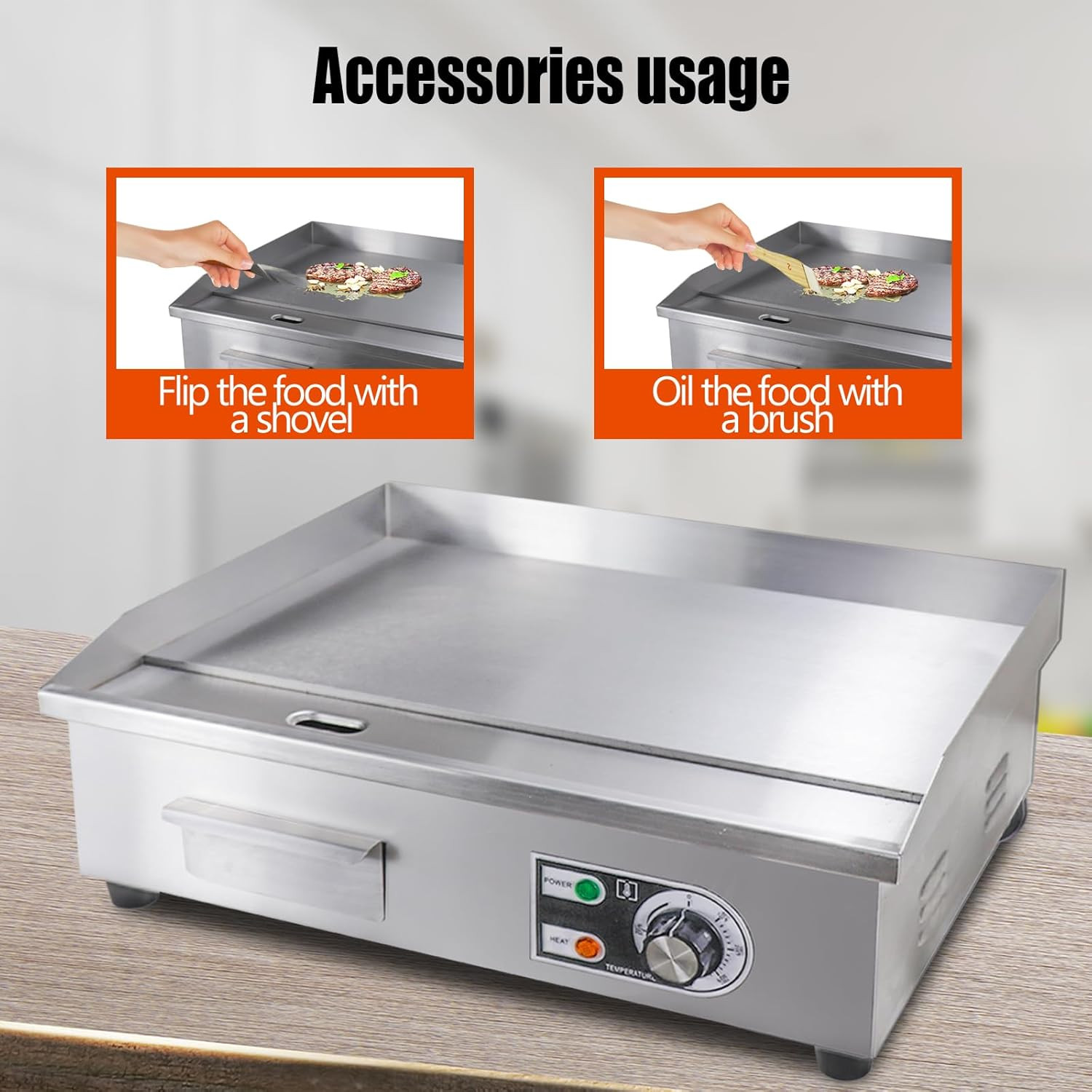 22″ Electric Griddle – Non-Stick Stainless Steel, Adjustable Temp, 1600W