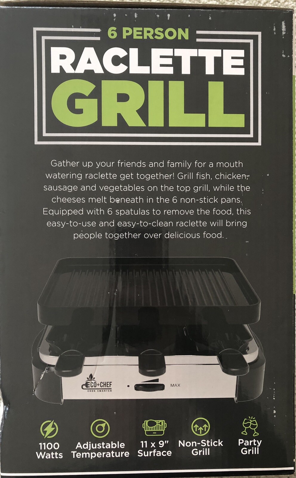 NEW Sealed Box 6 Person Racelette Party Grill Non-Stick Adjustable Temperature