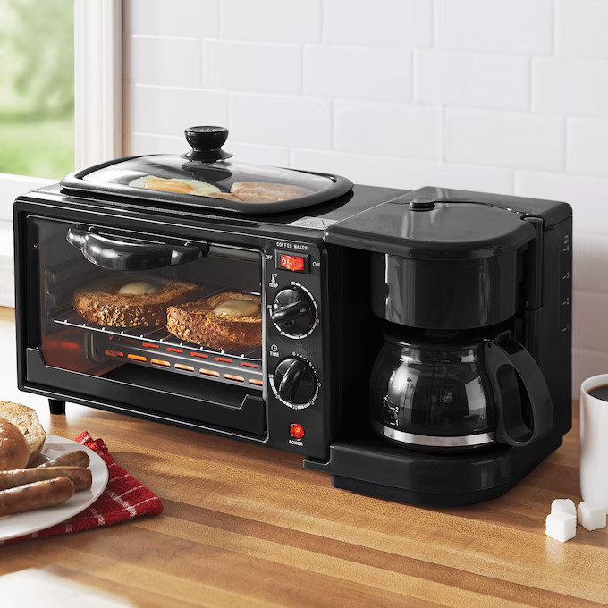 3-in-1 Breakfast Maker Grill Bake Toast Brew Coffee 200-450°F, Black, Freeship