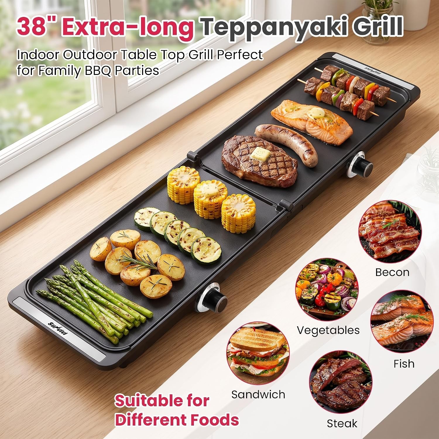SUNVIVPRO 38″ XL Electric Griddle 1700W Foldable Nonstick Adjustable Temp Black