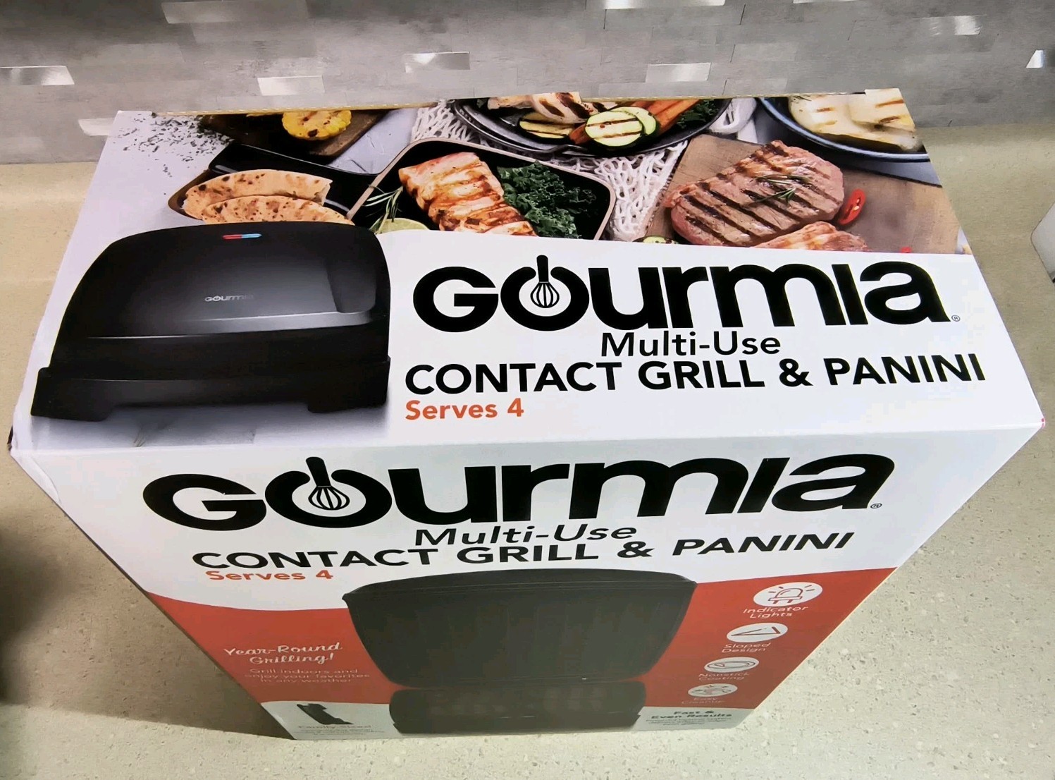 Gourmia Indoor Grill & Panini Maker, 4 Serving, Nonstick Ceramic with Drip Tray