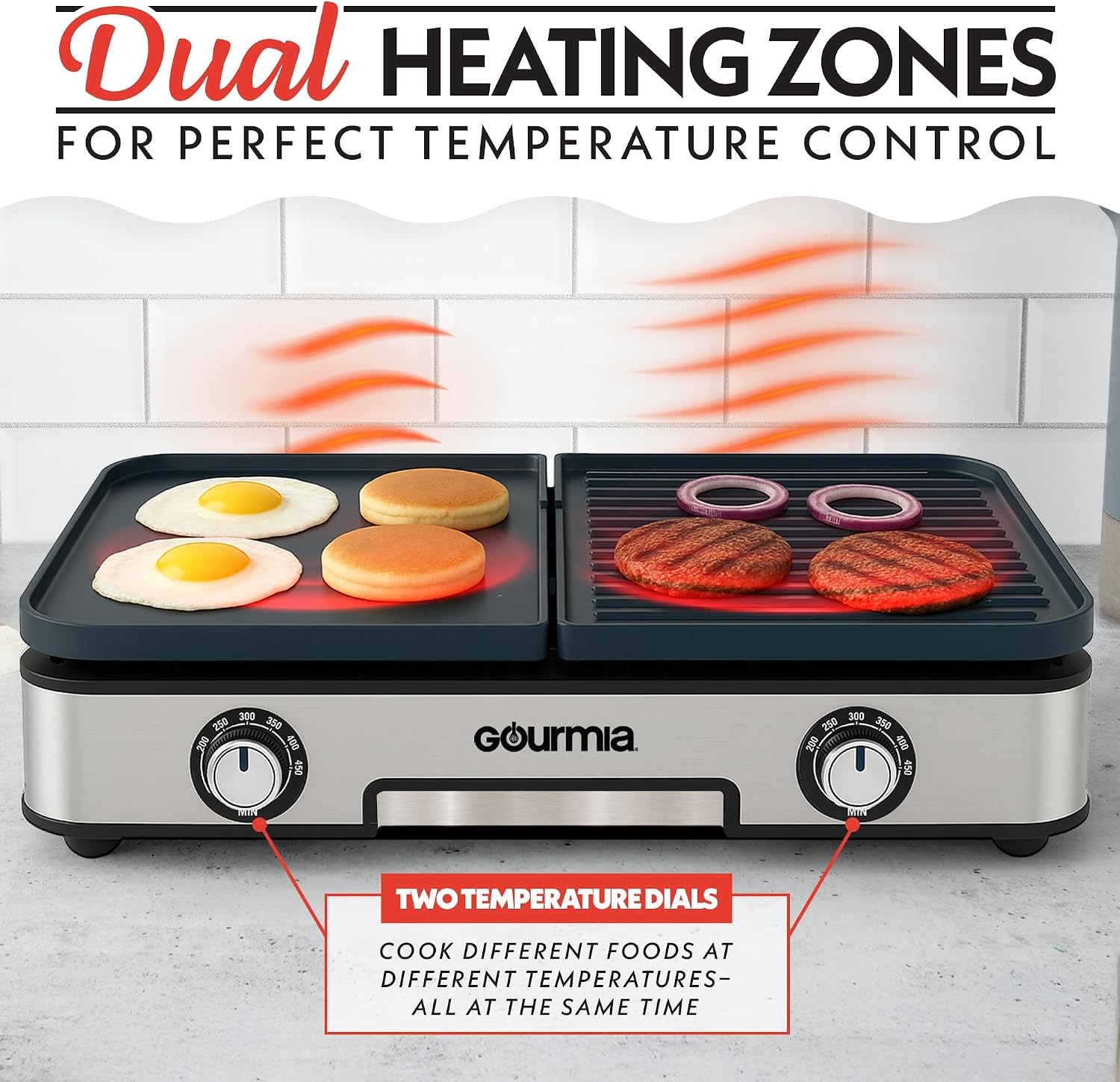 Gourmia 3-in-1 Indoor Grill Griddle – Dual Zones Nonstick Ceramic Dishwasher