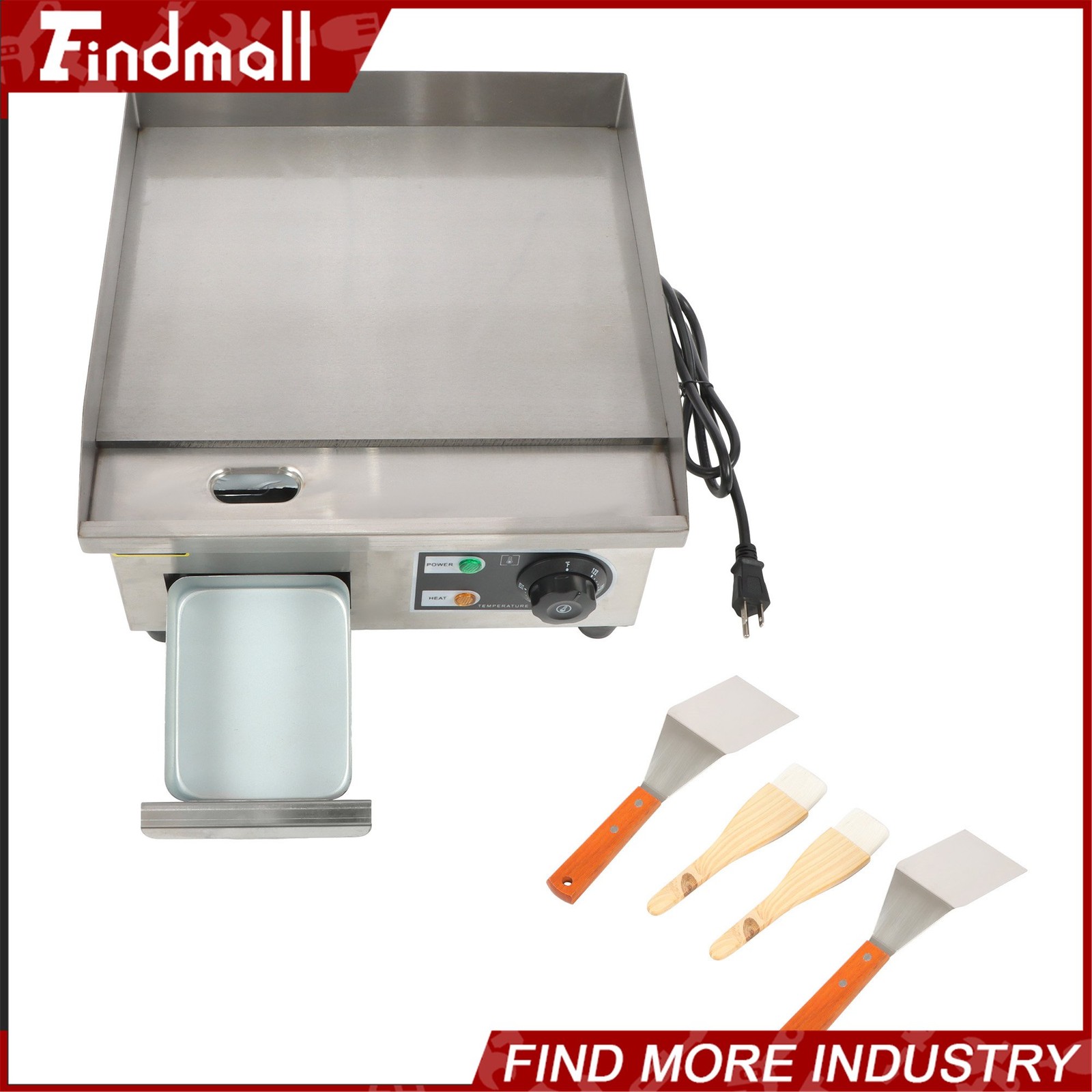 Electric Griddle with 2 Shovels & 2 Brushes, 1500W, 14in Stainless Steel