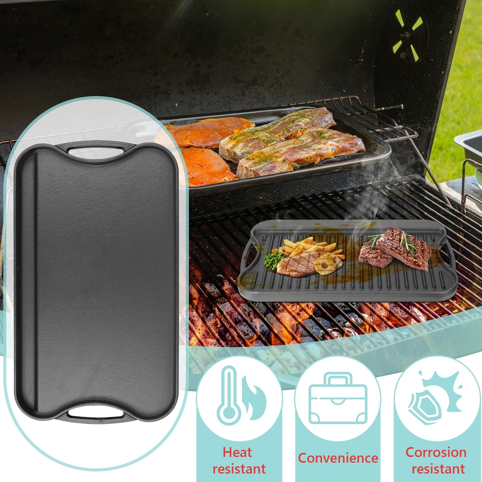 2 in 1 Reversible Cast Iron Griddle for Gas Grill, Flat Grill Pan for Gas Stove,