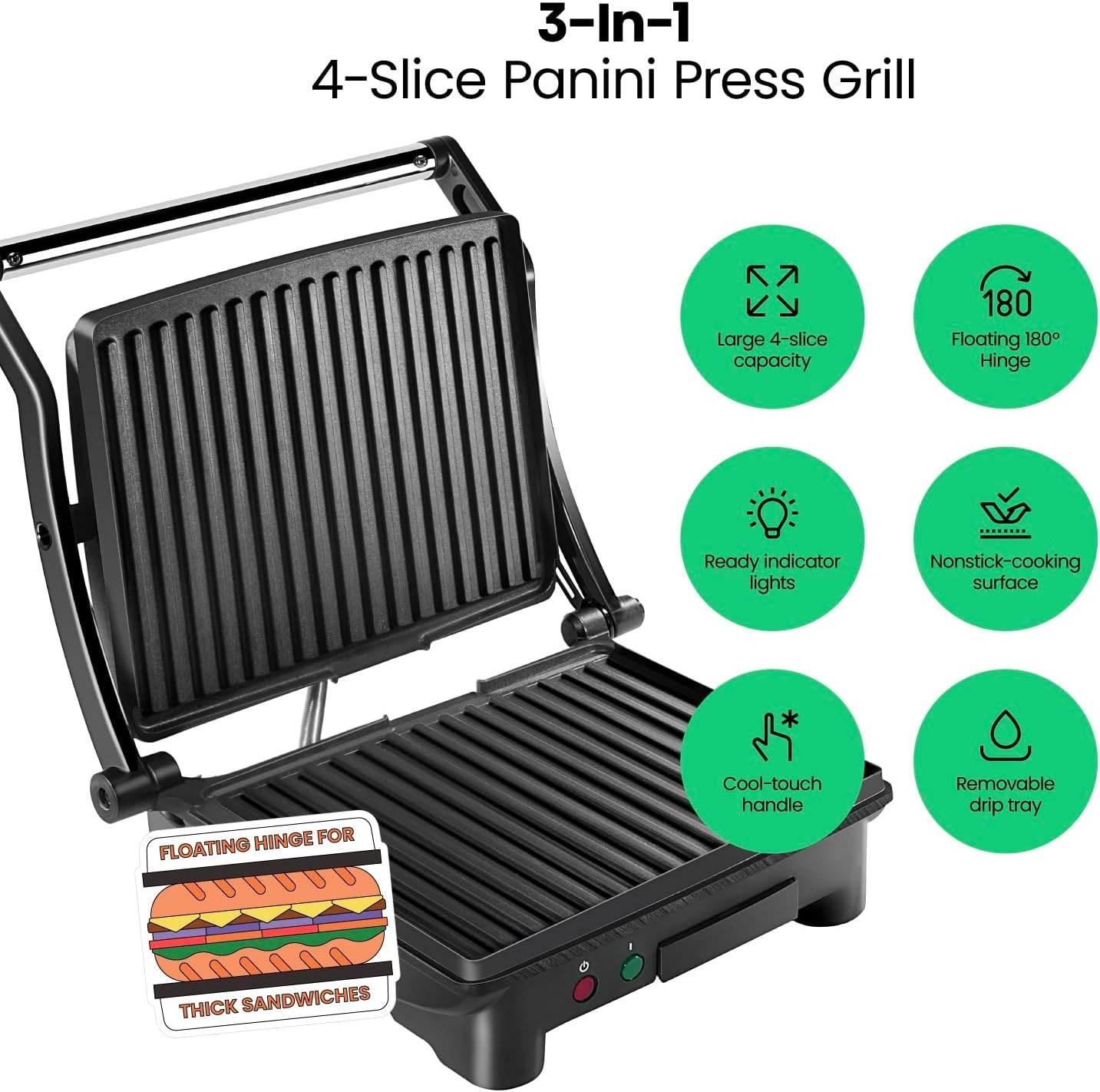 Panini Press Grill & Sandwich Maker – Non-Stick Plates