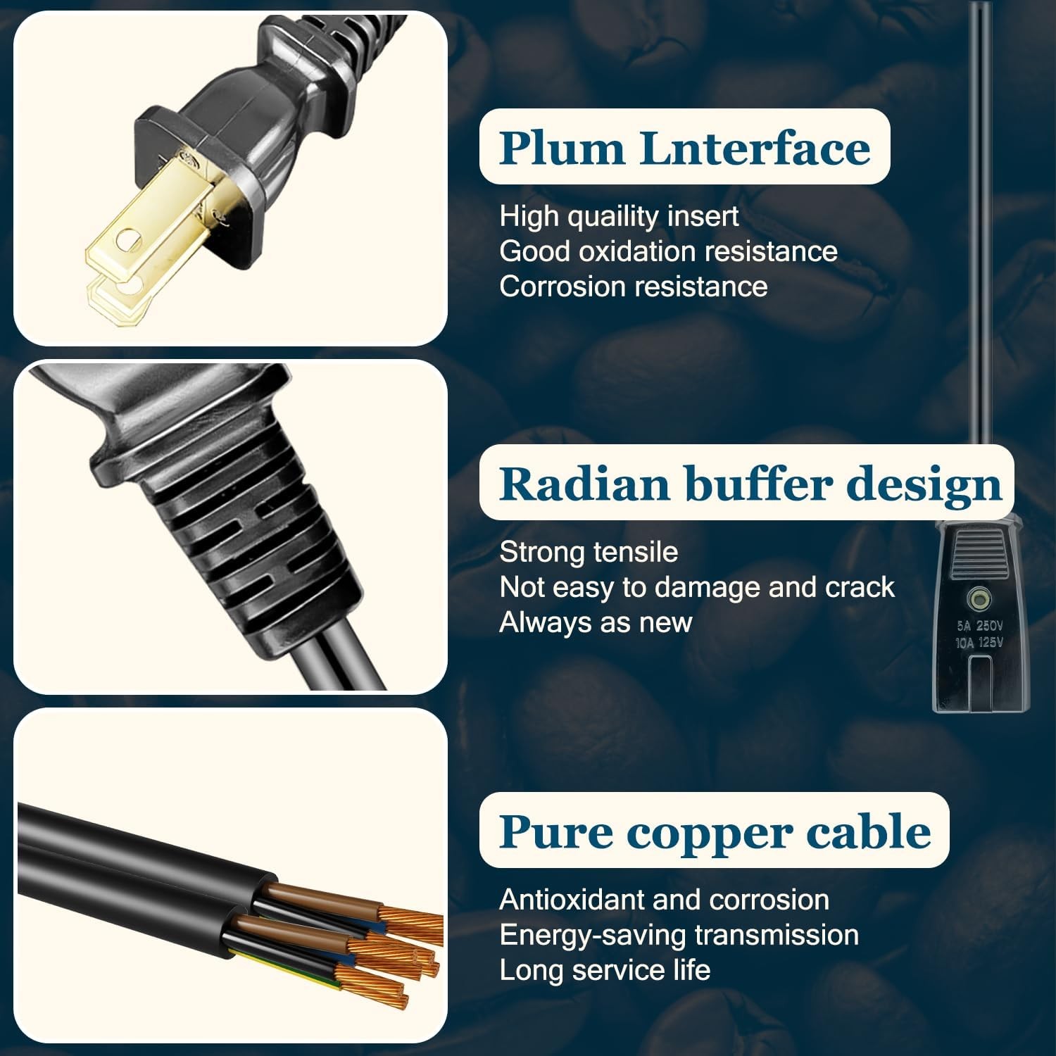 3ft Long 2 Pin 1/2 Inch Spacing Power Cord for Rival Indoor Smokeless Grill