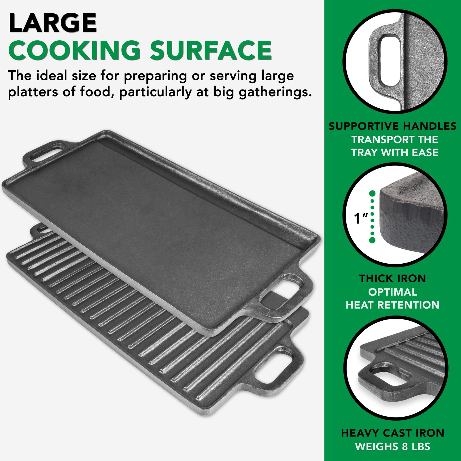 Cast Iron Griddle 2-in-1 Reversible 19.5” x 9” Preseasoned Non-Stick for Gas