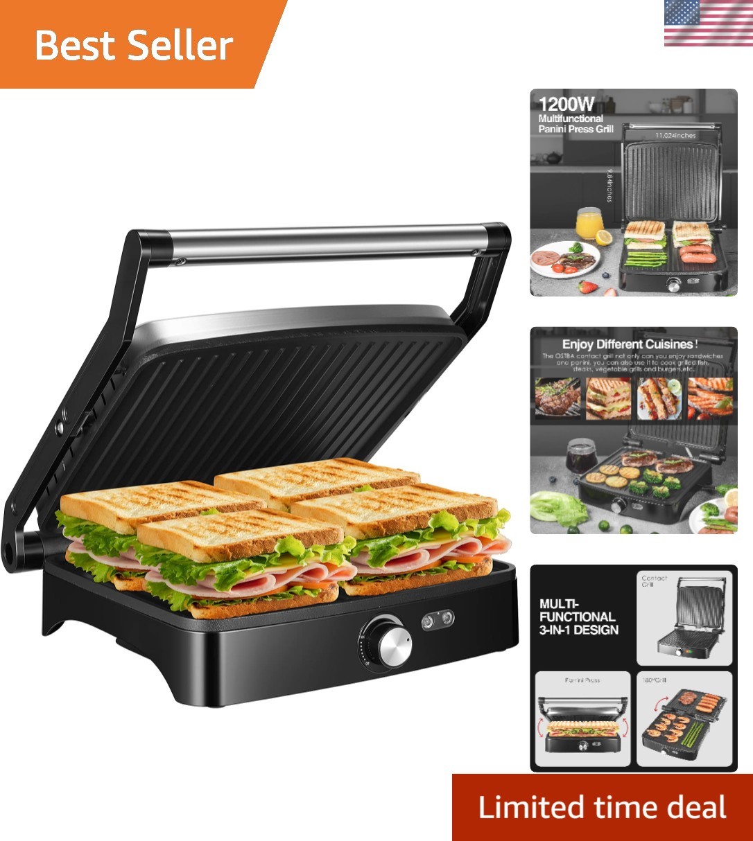 Panini Press Grill, 4-Slice Sandwich Maker with Nonstick Plates | 1200W Heati…