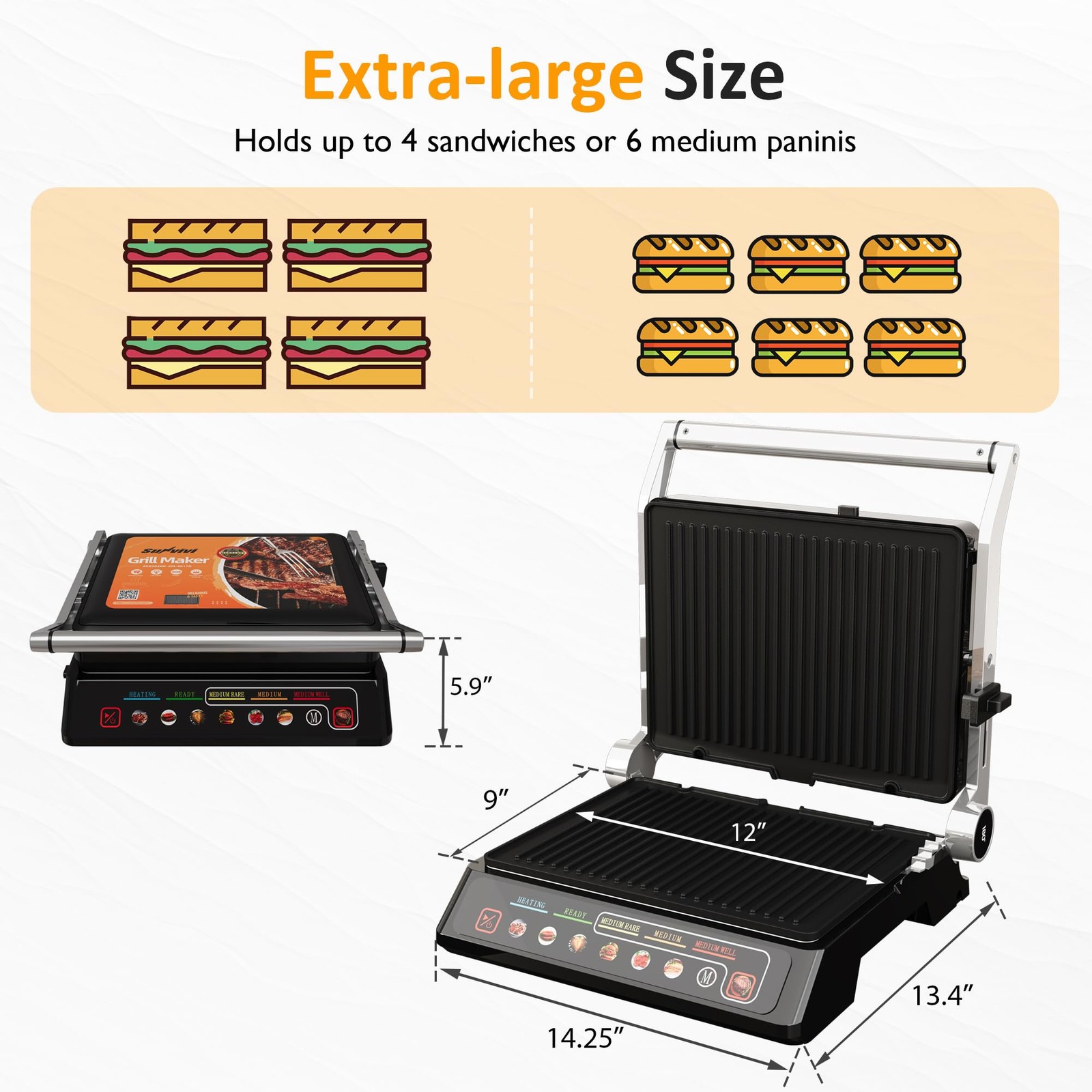 SUNVIVI Indoor Grill & Griddle 1600W Electric Panini Press, Nonstick Plates