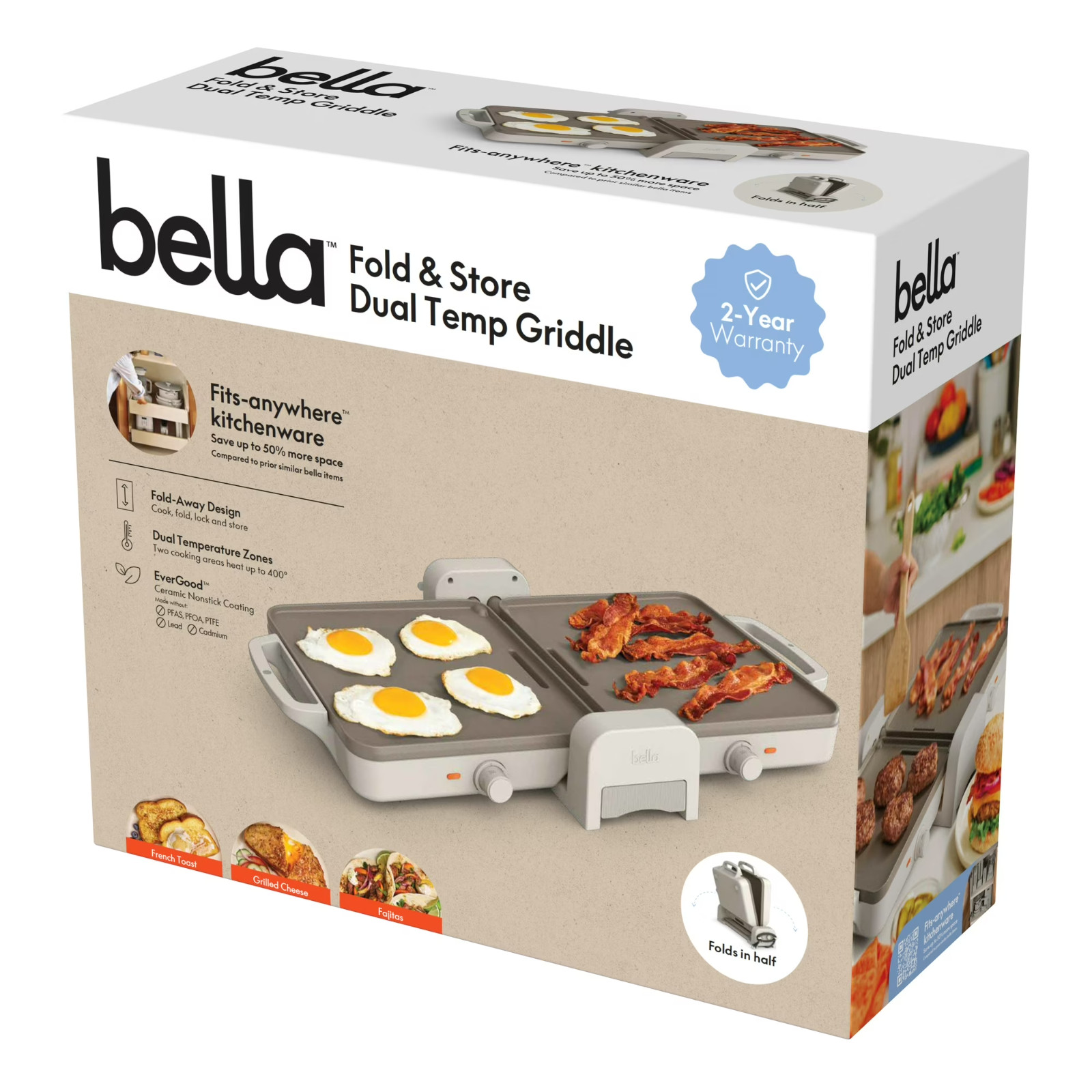 bella 10″x 20″ Ceramic Fold-n-Store Dual Temp Griddle, Nonstick Coating, Oatmilk
