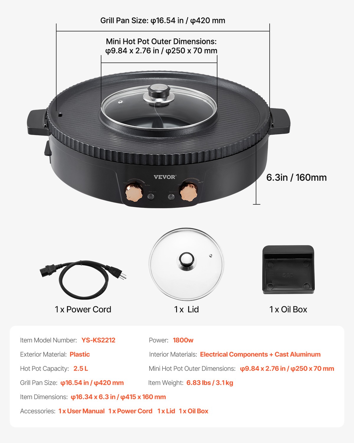 VEVOR Hot Pot with Grill 1800W 2-in-1 Electric Smokeless Grill Hot Pot for 2-8