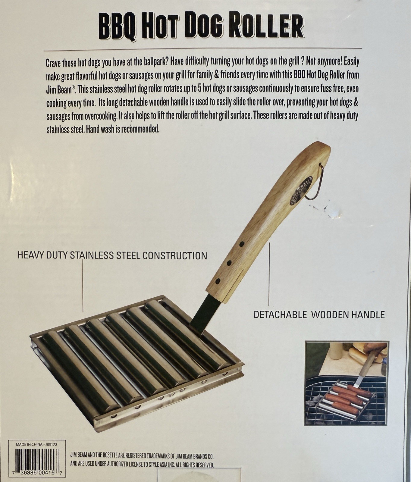 Jim Beam BBQ Hot Dog Roller * Heavy Duty Stainless Steel w/ Wood Handle * NEW