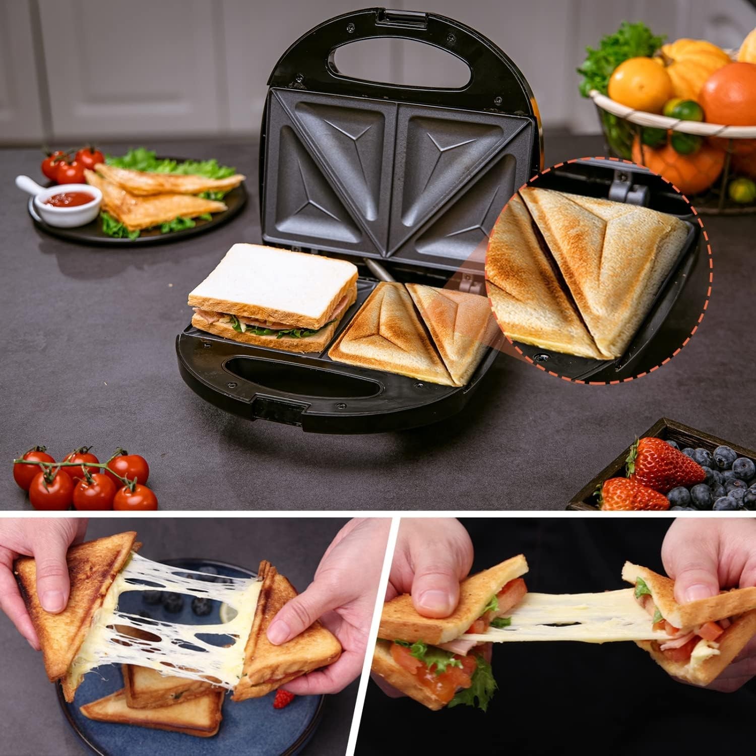 2 in 1 Nonstick Sandwich Maker & Panini Press for Quick Meals – Compact Black