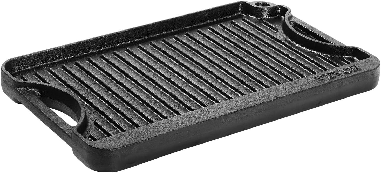 Reversible Grill/Griddle, 14X8.5 Inch Pre-Seasoned Cast Iron Griddle, Portable..