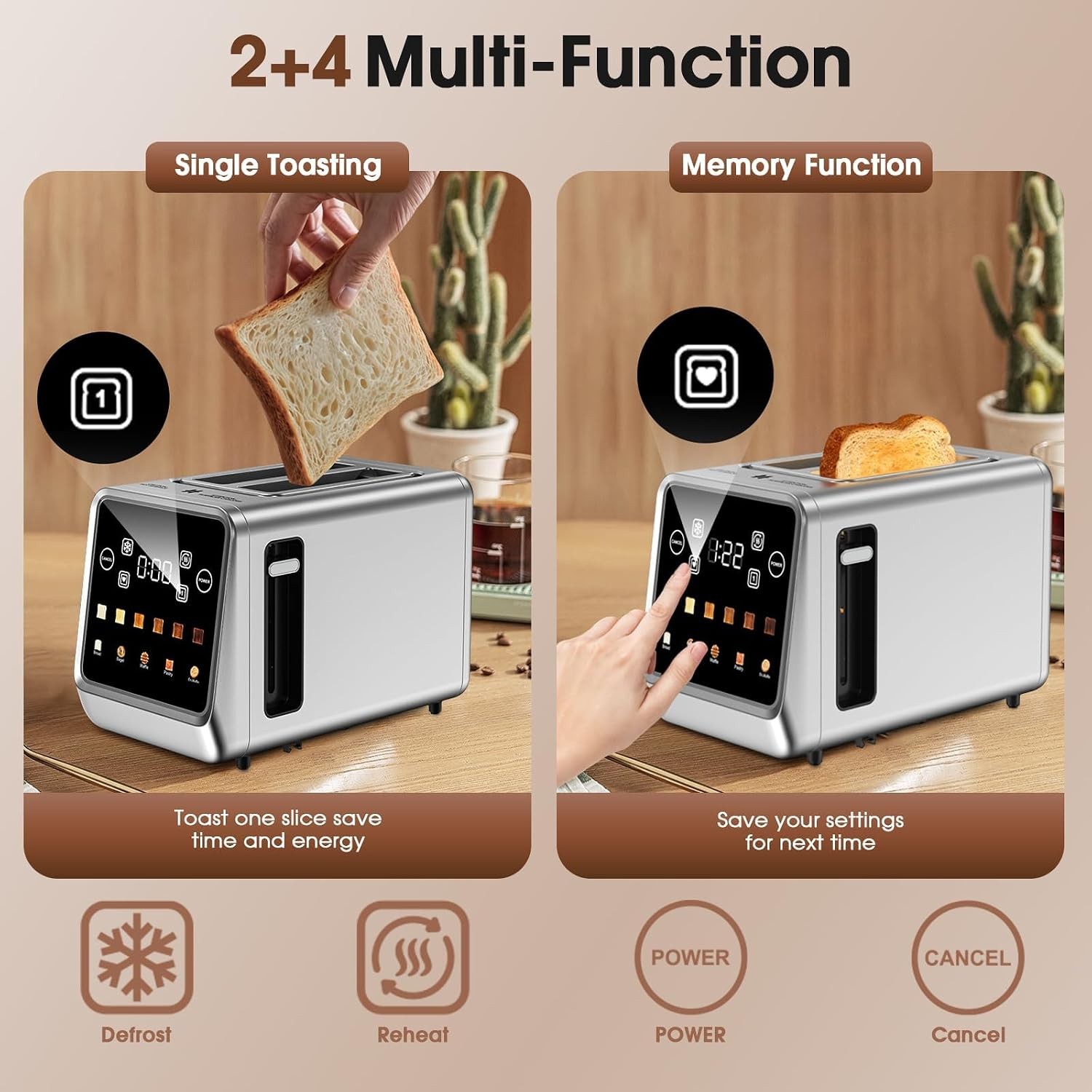 Touch Screen Toaster 2 Slice, Stainless Steel 2 Slots 2 Silver-Black