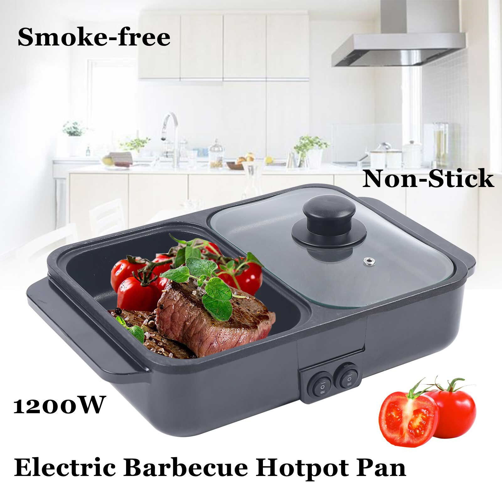 Electric Mini Hot Pot BBQ Grill Kitchen Smokeless Shabu Cooking Pan 1200W