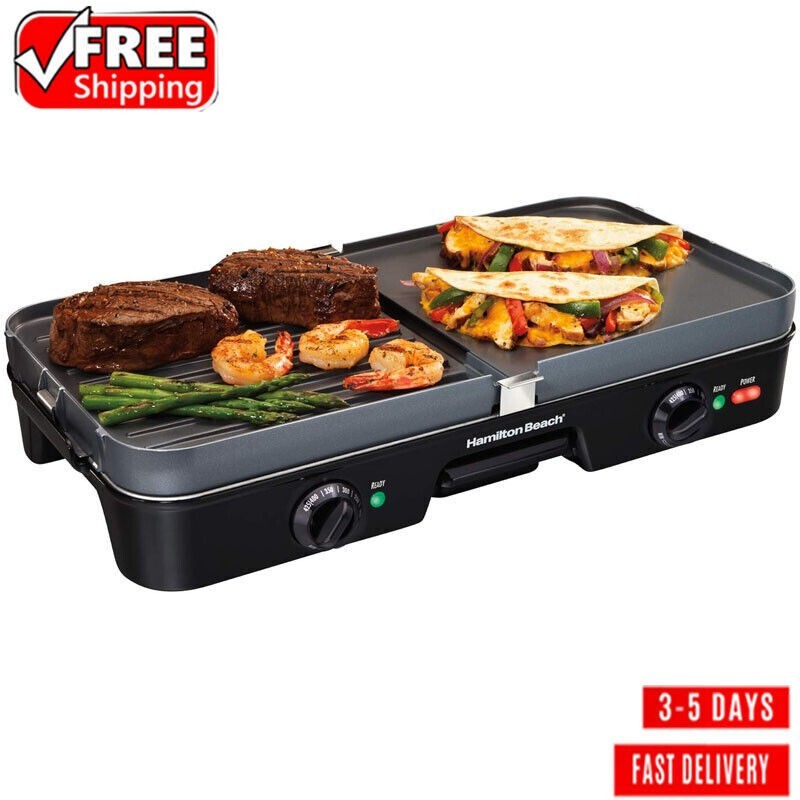 3-in-1 Electric Indoor Grill+Griddle 8-Serving Nonstick Plates 2 Cooking Zones