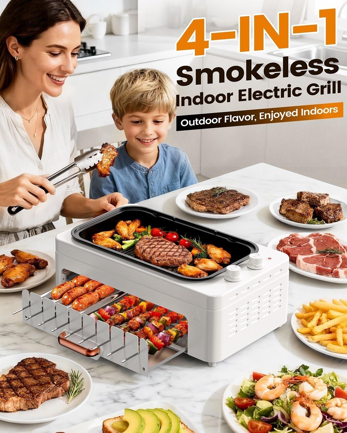 4-in-1 Electric Indoor Grill Smokeless for Home,Countertop Electric Grill with