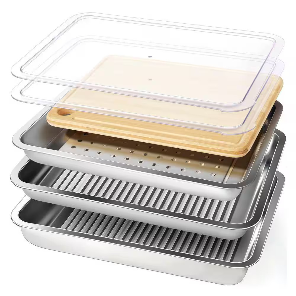 Silver Stainless Steel Grill Prep Tray Set with Bamboo Cutting Board and Lid, BB
