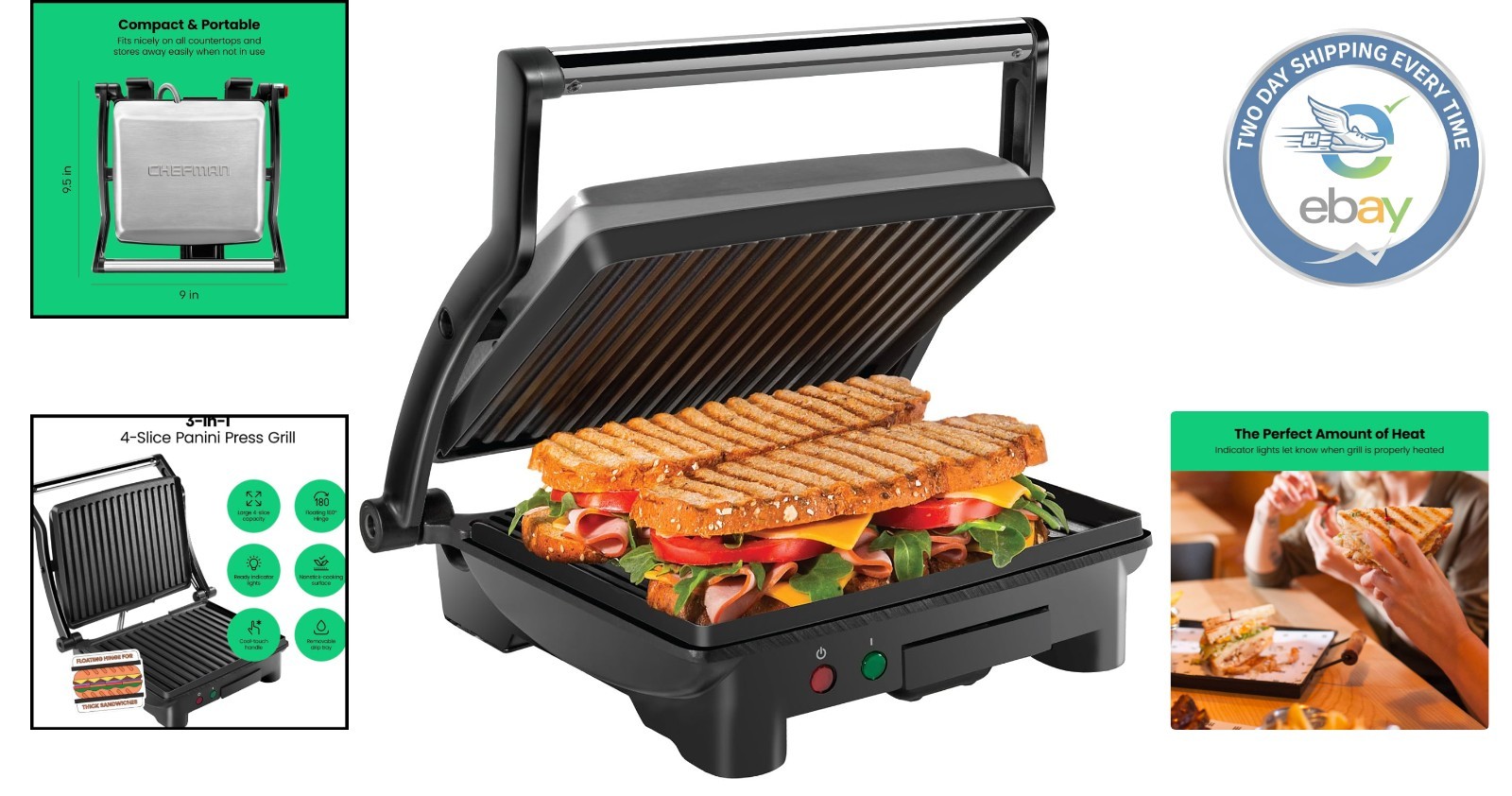 Versatile Non-Stick Gourmet Sandwich Maker – 4 Slice with Easy Clean Drip Tray