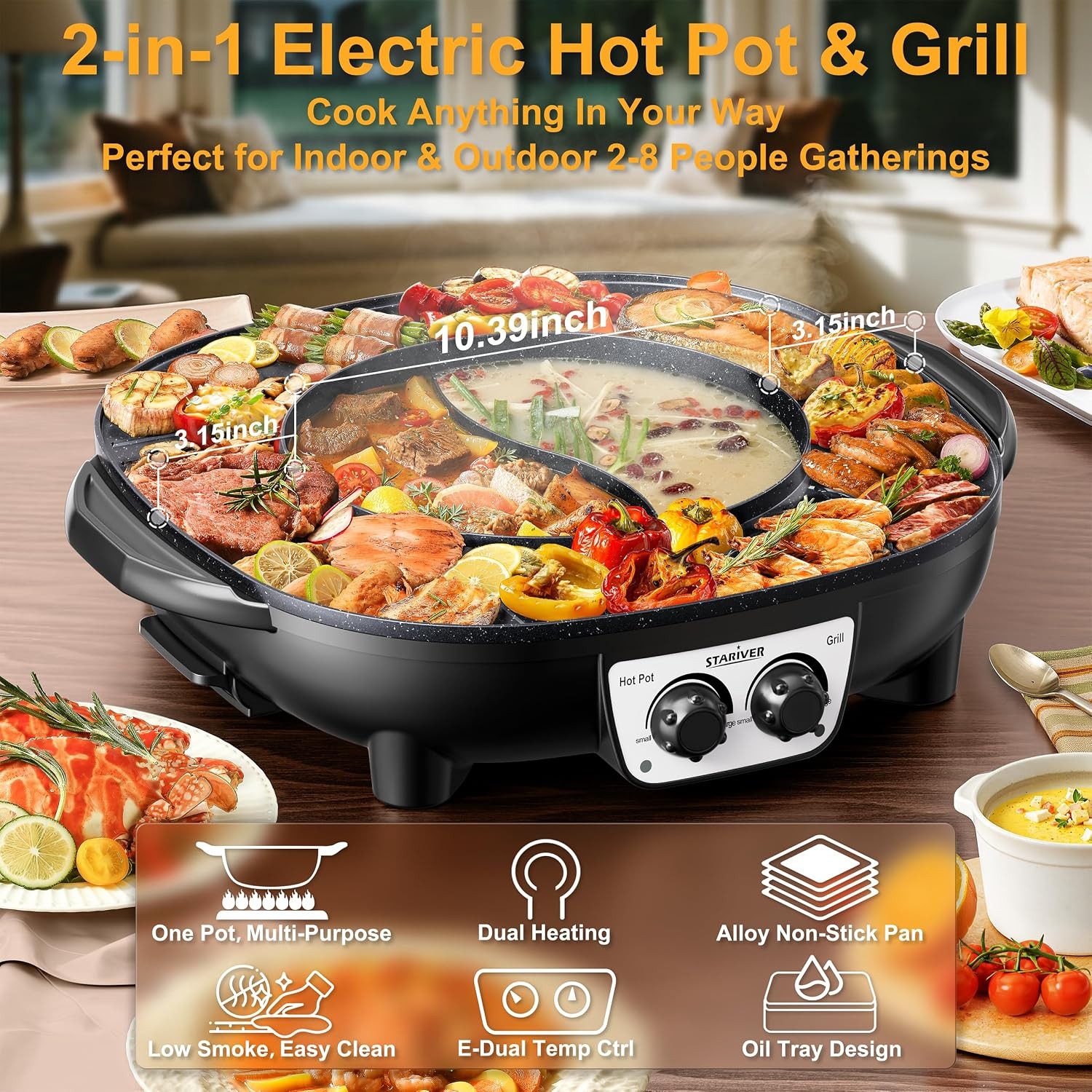 Hot Pot Electric W/ Grill 2 in 1 Korean BBQ & Shabu Shabu Pot Smokeless Indoor