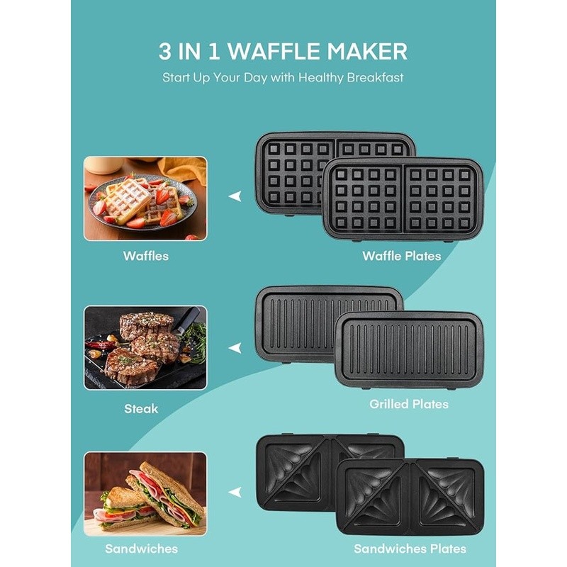 1200W 3 in 1 Breakfast Sandwich Maker W/ Removable Plates Non Stick Easy Clean