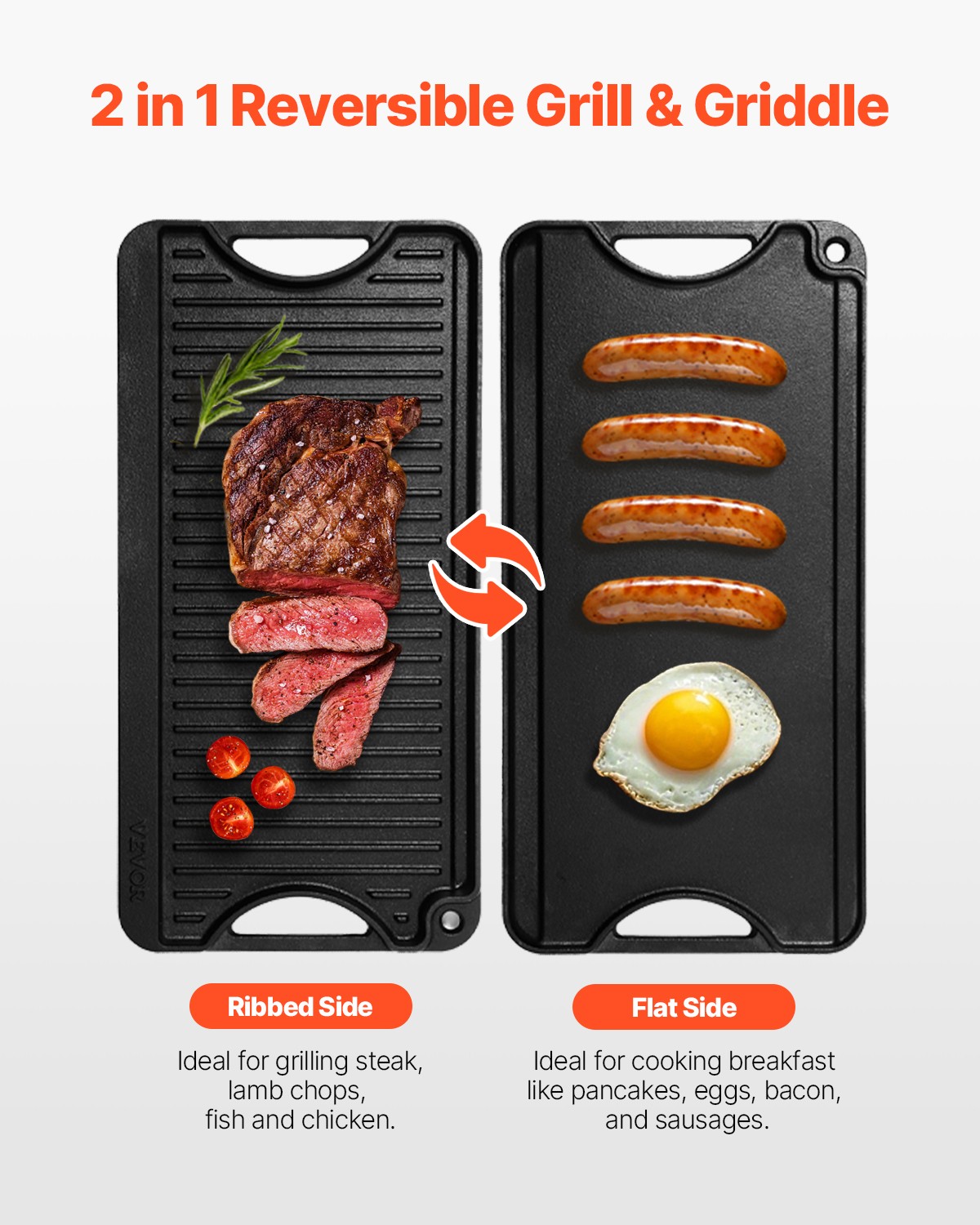 VEVOR 20x10in Reversible Grill Griddle Pre-Seasoned Rectangular BBQ Pan Cast