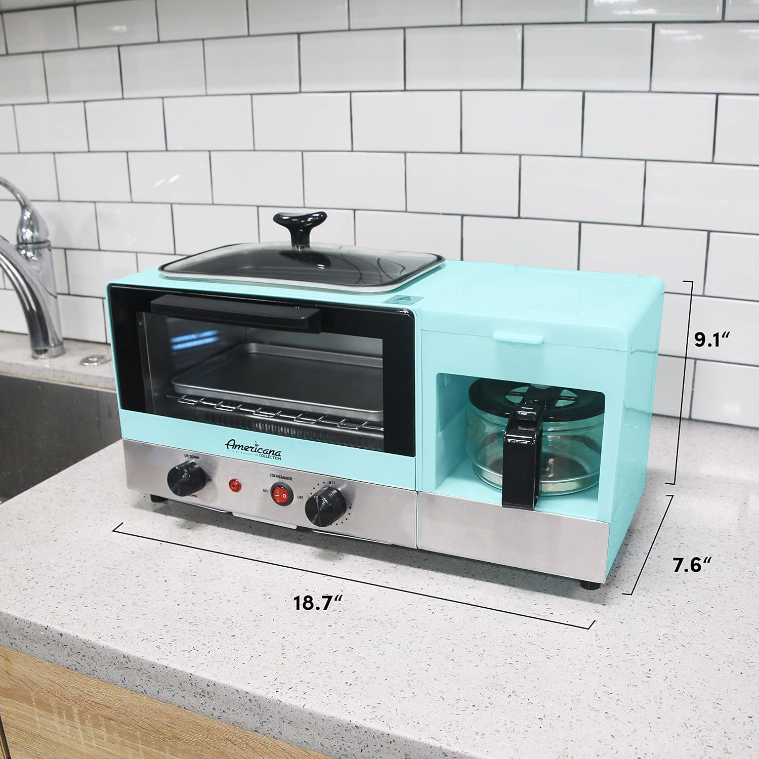 Americana Breakfast Center, Griddle & Toaster Oven, Blue | 2-Slice W/15-Min T…