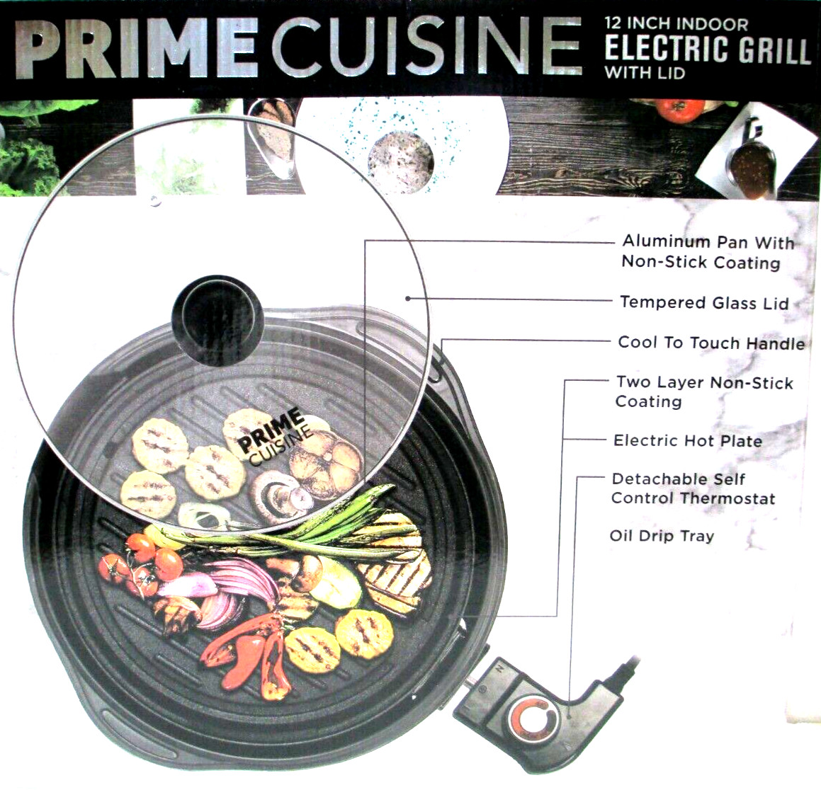 Prime Cuisine Indoor Electric Grill with Lid 12″ Round Hot Plate NEW