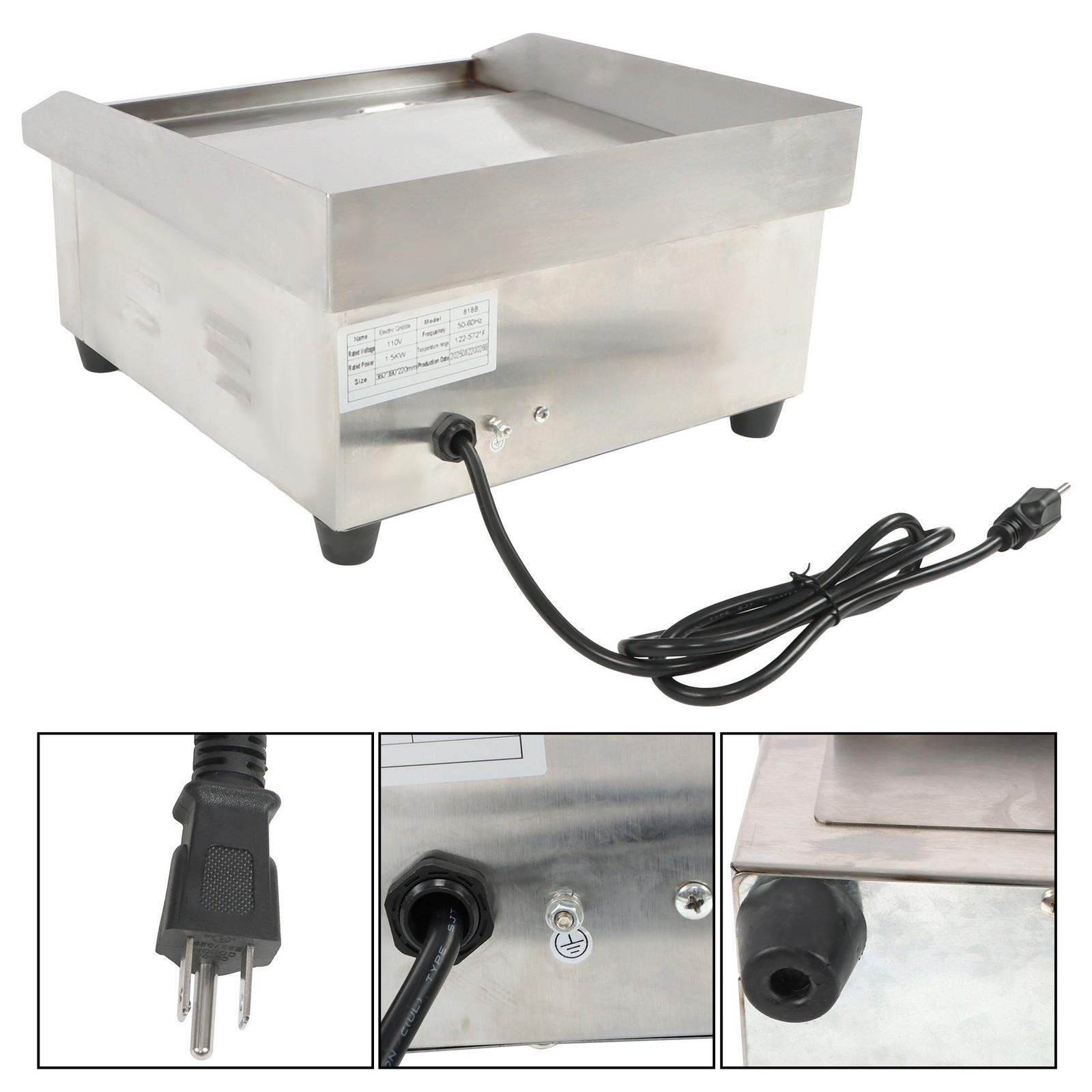 Commercial Grade Electric Griddle, 1500W Power, 14in Flat Top Stainless Steel