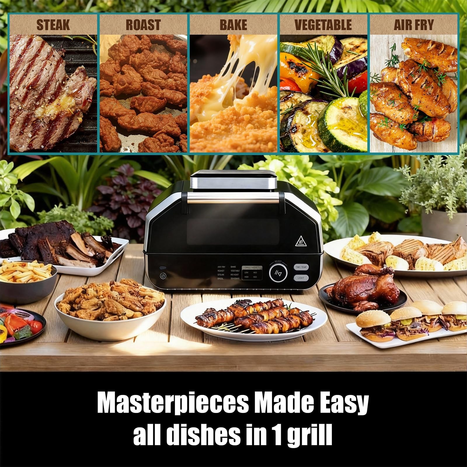 Multifunctional 8-in-1 Electric Grill for Indoor/Outdoor BBQ, Air Fry, Bake, Roa