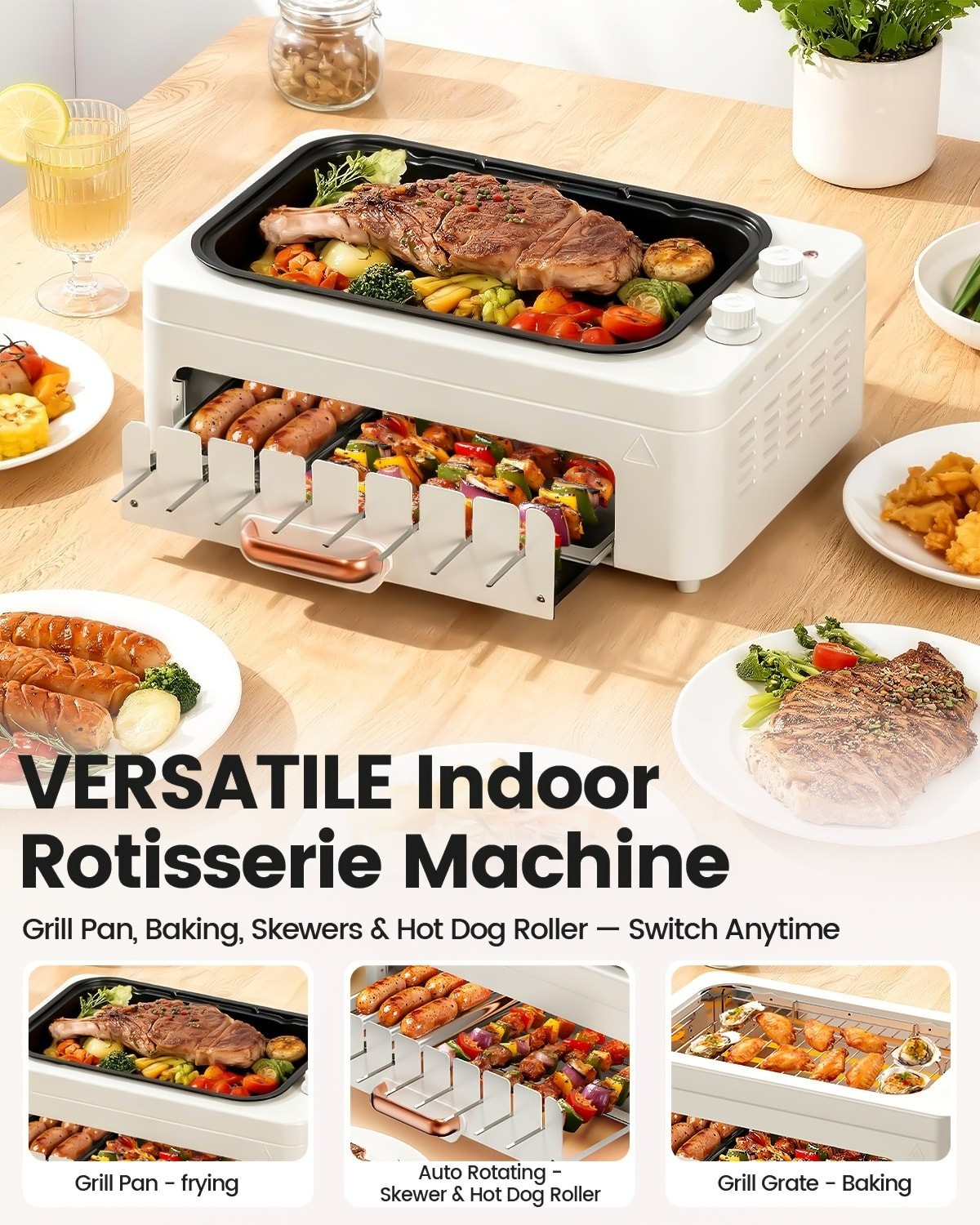4in1 Indoor Electric Smokeless Grill BBQ with Non-Stick Pan Kabob Skewers hotdog