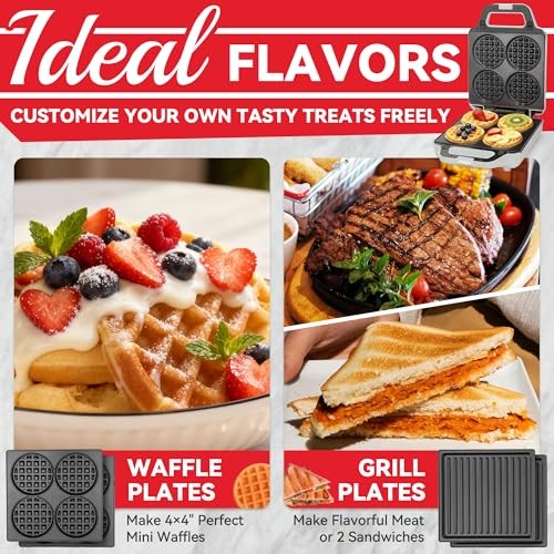 2-in-1 Waffle Maker & Panini Press, Mini Waffles, Sandwich, 1200W, White