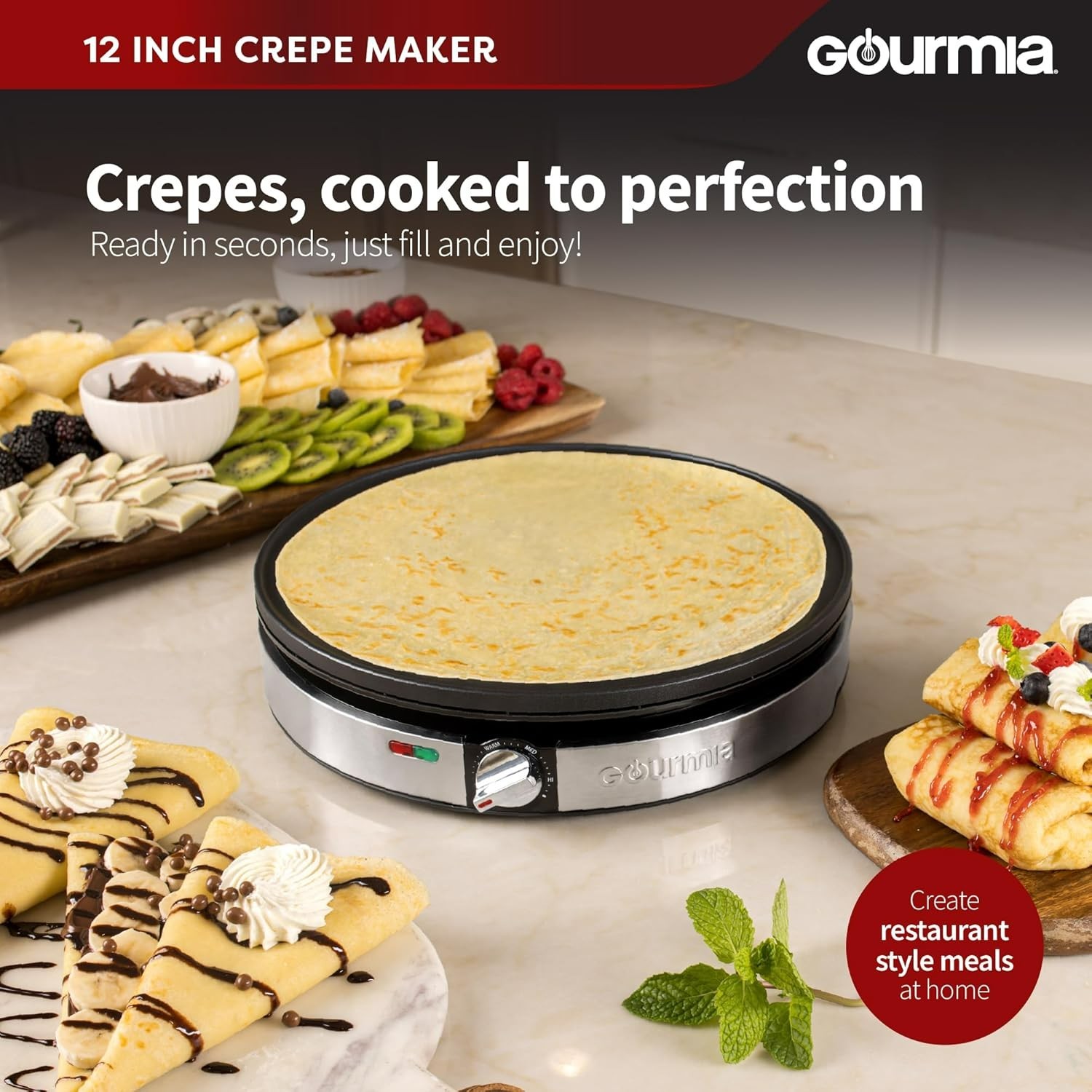 Gourmia 12” Crepe Maker – Nonstick Electric Griddle for Pancakes, Omelets & More