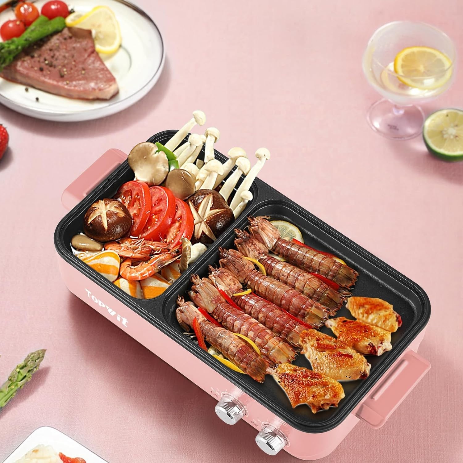 Electric Hot Pot and Grill Combo – Stylish Pink, Dual Temp Control, Safe Design