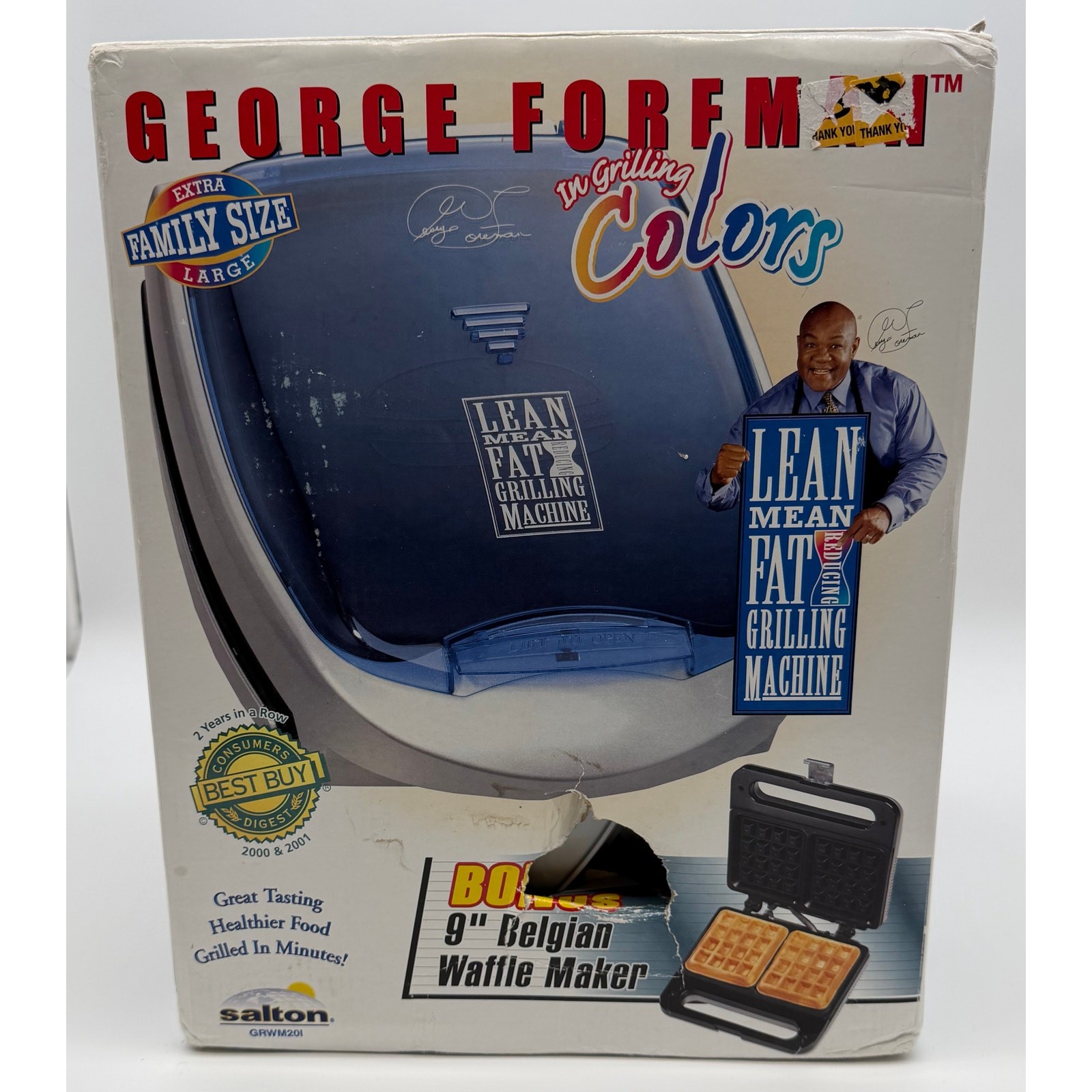 George Foreman Grill Blue Family Size with Bonus Salton Belgian Waffle Maker NEW