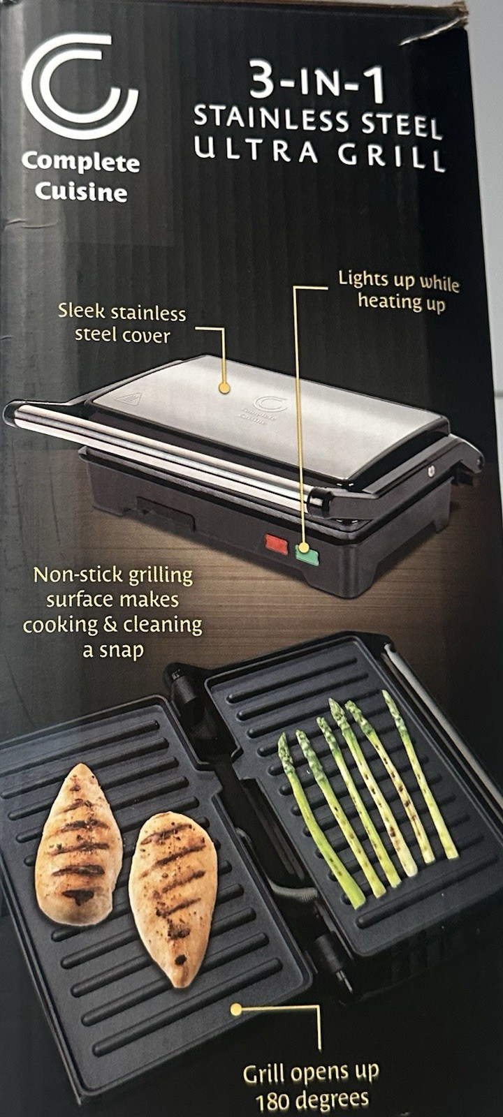 3 in 1 Stainless steel ultra grill. Easy to clean. Non-stick cooking surface.