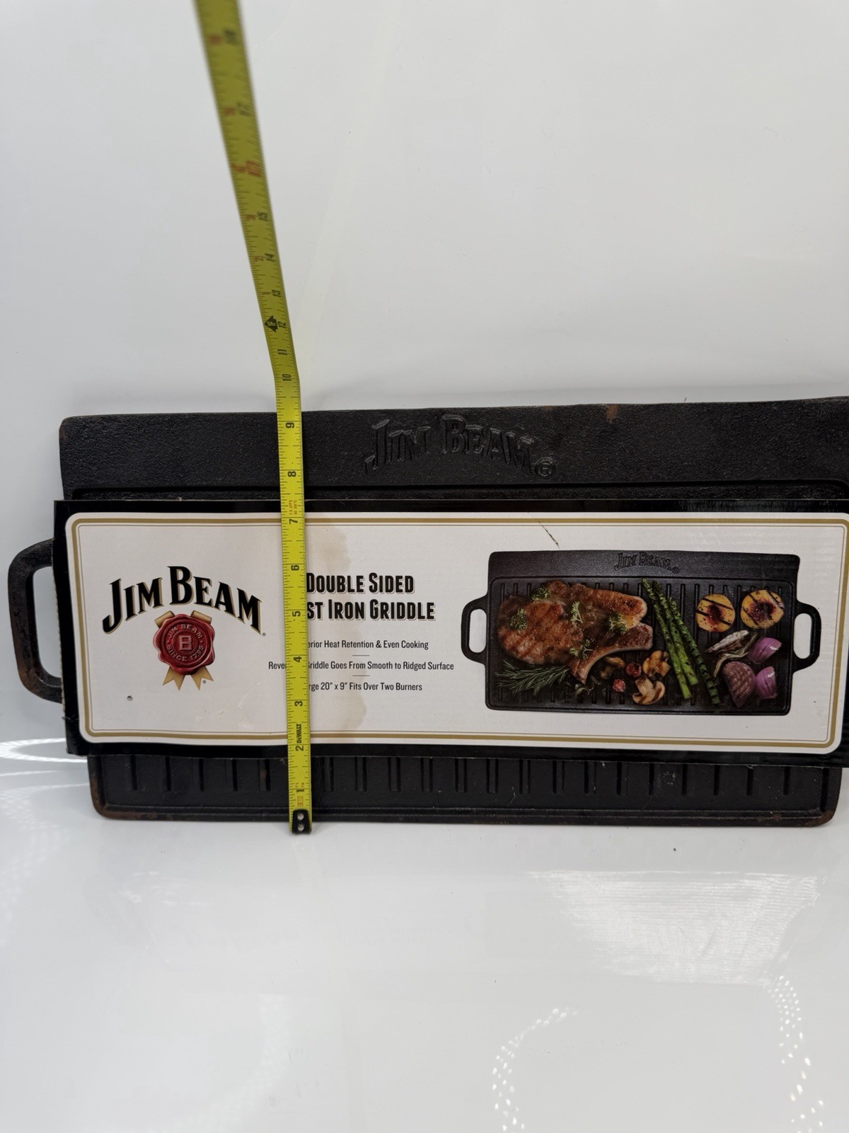 Jim Beam Double Sided Cast Iron Griddle 20″x9″ Reversible Grill Pan Two Burner
