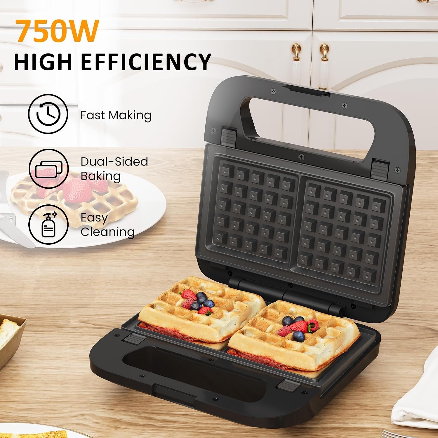 Removable Plates Electric Waffle & Sandwich Maker – Safe & Easy to Clean, Black