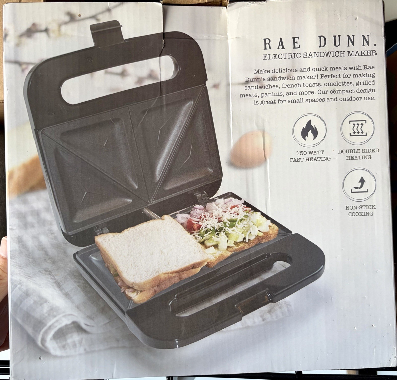 Rae Dunn Electric Sandwich Grill Maker 750W Non-Stick Double-Sided, Black