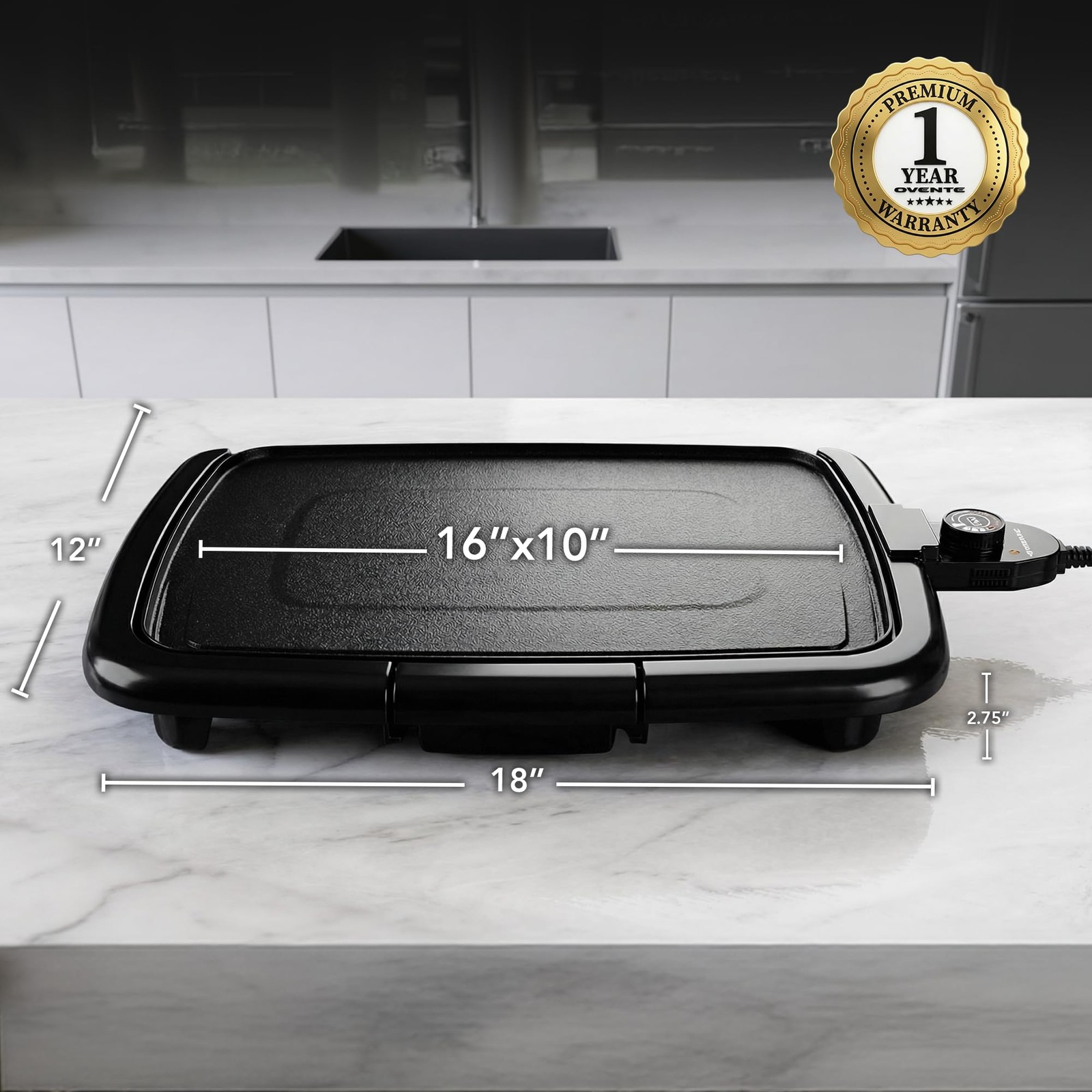 OVENTE Electric Griddle 16 x 10 Inch Non-Stick Plate, Black GD1610B