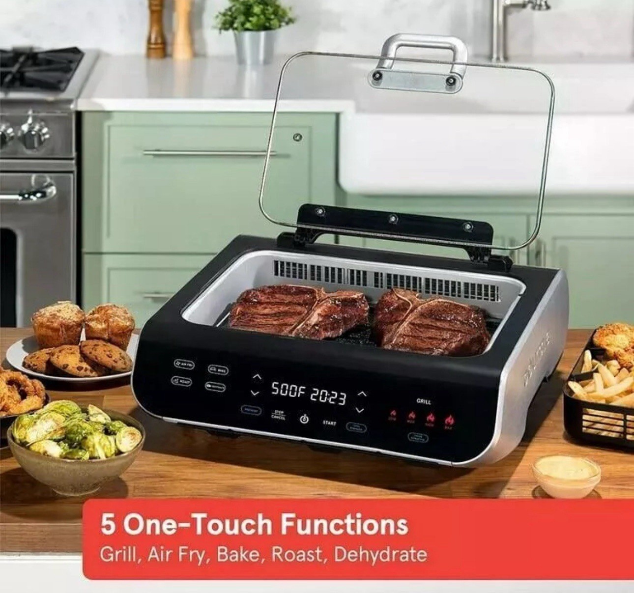 New Gourmia GGA2120 FoodStation Indoor Smokeless Grill 5 In 1 And Air Fryer