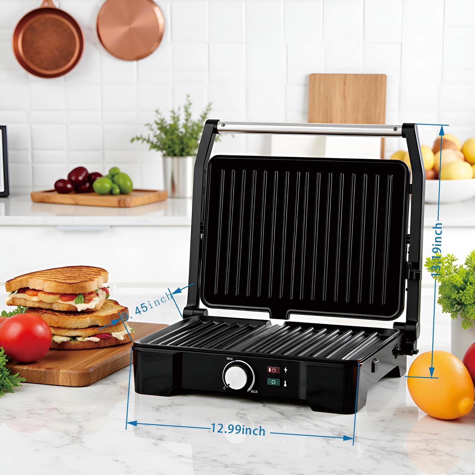 Panini Press Grill 4 Slice Non-Stick Stainless Steel 180° Open – Perfect
