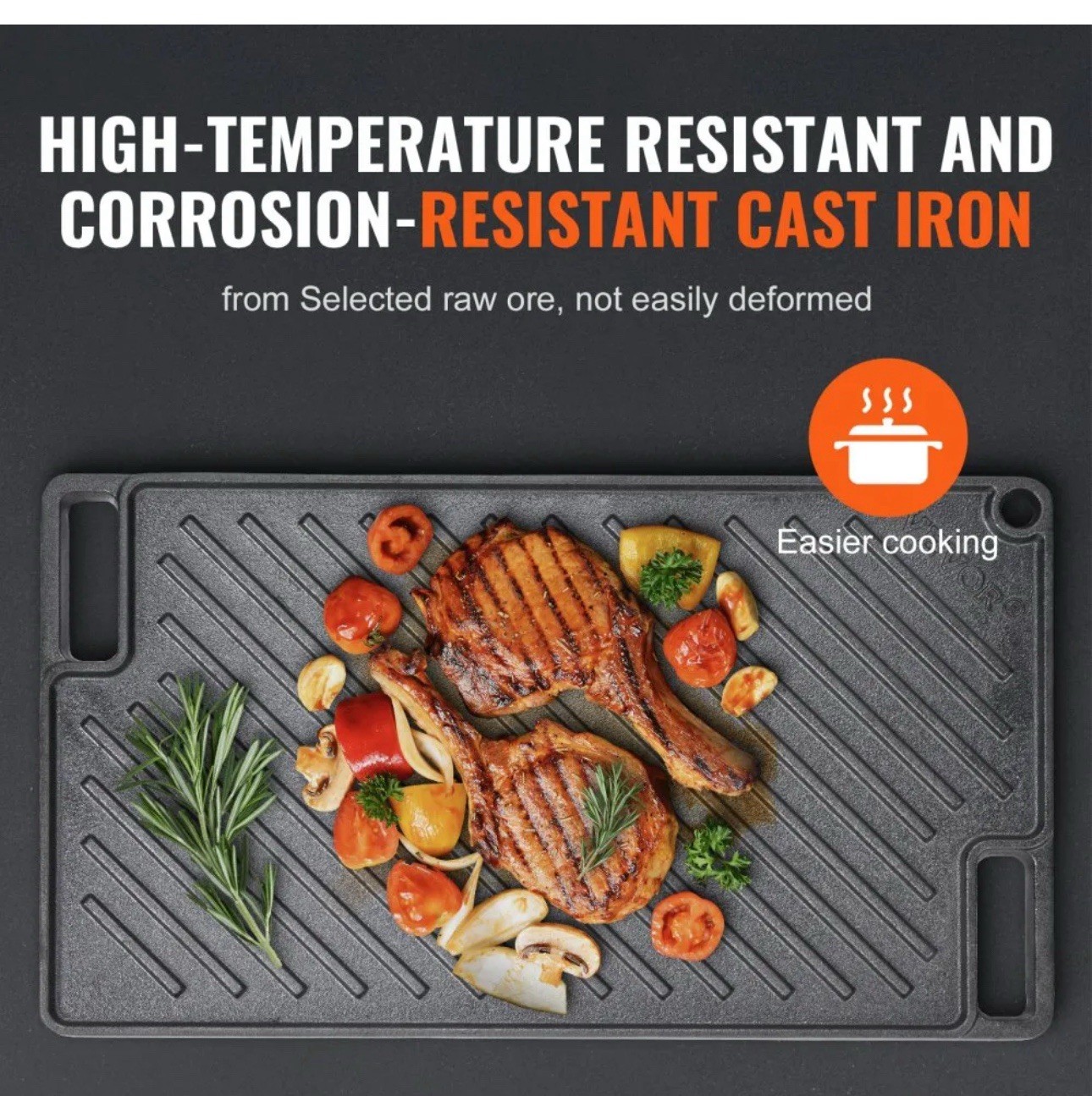 VEVOR Grill/Griddle Pre-Seasoned Cast Iron Reversible Non-Stick 9.1″ x 16.3″