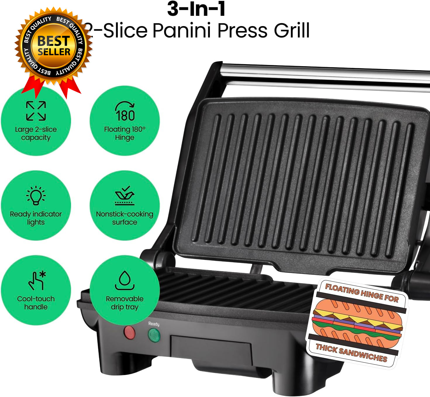 Electric Panini Press Grill, Compact 2-Slice Sandwich Maker Non-Stick
