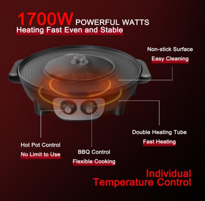 Parrilla eléctrica 2 en 1 con hot pot sin humo 1700W BBQ coreana 110V, Nuevo