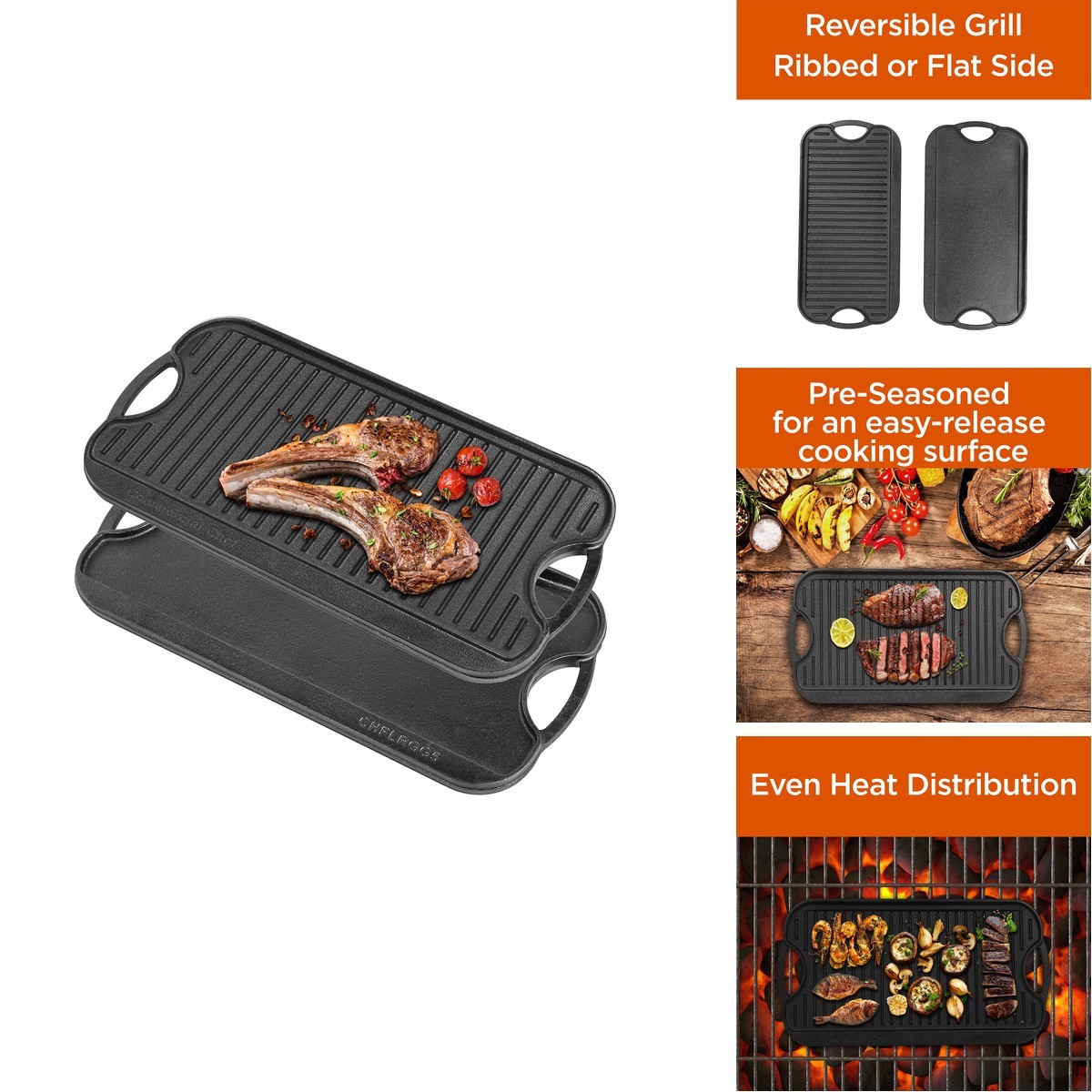 Commercial Chef Reversible Grill Top Griddle Cast Iron CHFLRGG5
