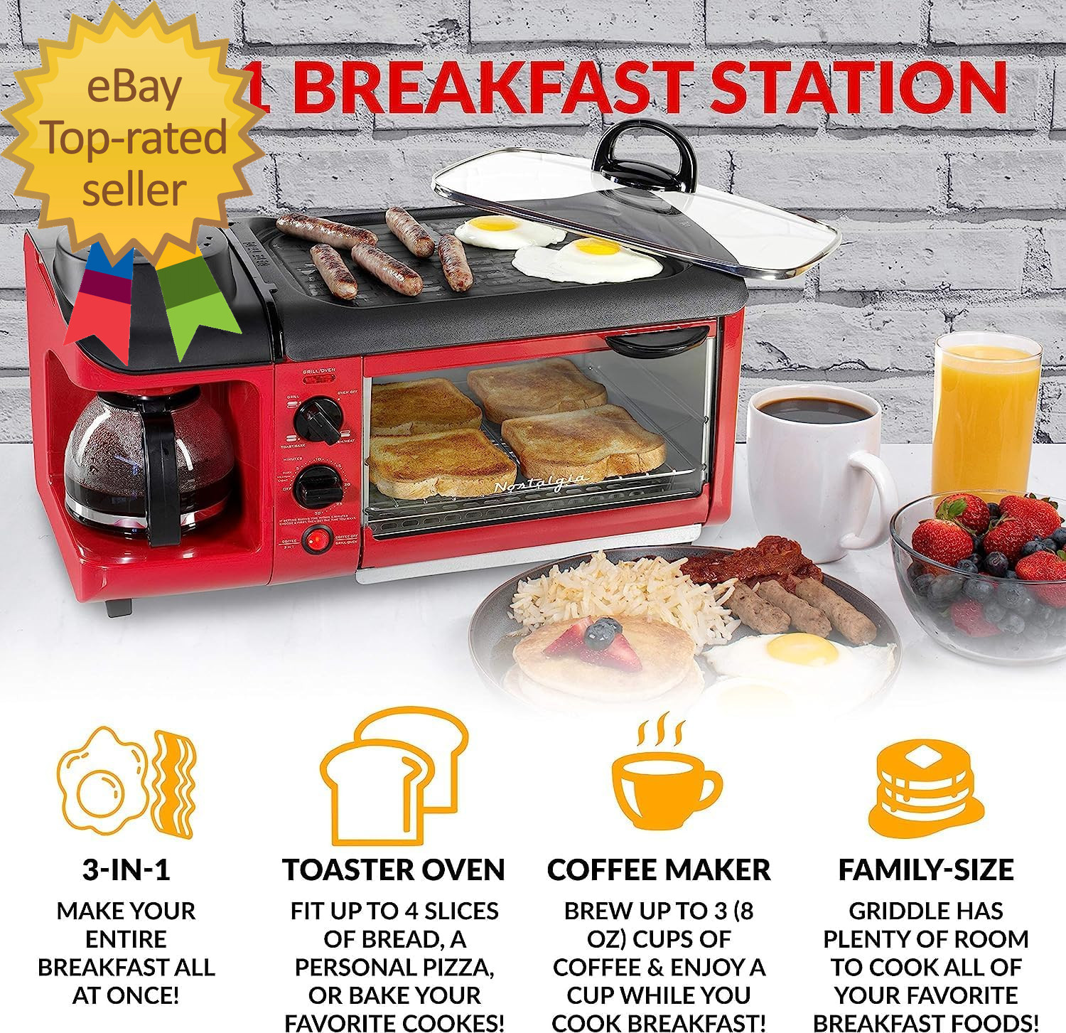 3-In-1 Breakfast Station Includes Coffee Maker Non-Stick Griddle and 4-Slice